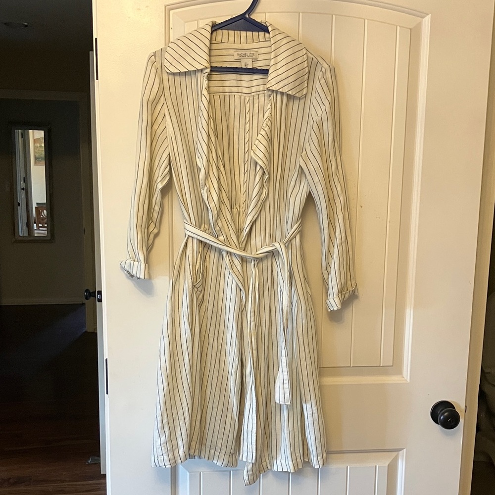 White and black stripe 100% linen trench coat jacket kimono long blazer - Small
